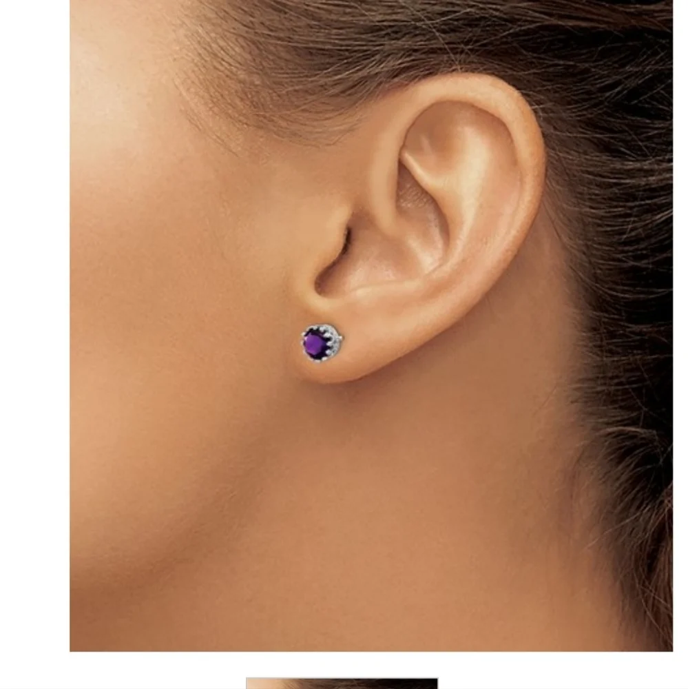 Jewelry Vine Amethyst Crown Stud Earrings in Rhodium Plated Sterling Silver